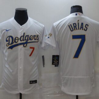 Men Los Angeles Dodgers 7 Urias Champion of white gold and blue characters Elite 2021 Nike MLB Jersey