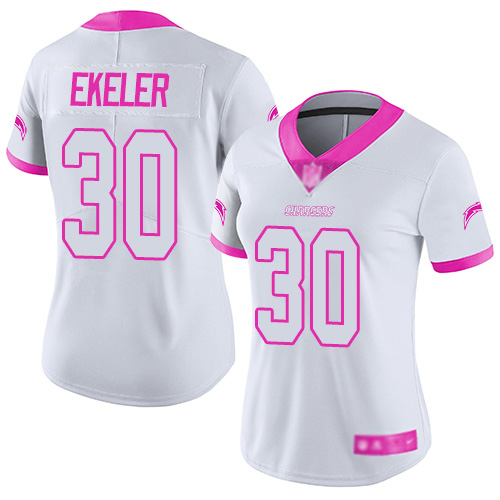 Nike Los Angeles Chargers #30 Austin Ekeler White/Pink Women’s Stitched NFL Limited Rush Fashion Jersey