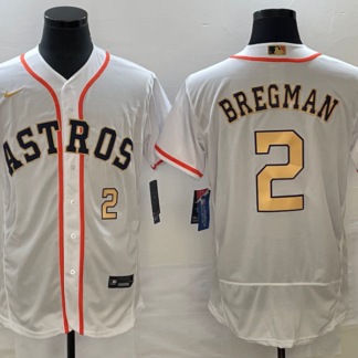 Men's Houston Astros #2 Alex Bregman Number 2023 White Gold World Serise Champions Patch Flex Base Stitched Jersey2