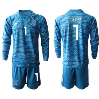 Spain #1 De Gea Blue Goalkeeper Long Sleeves Soccer Country Jersey