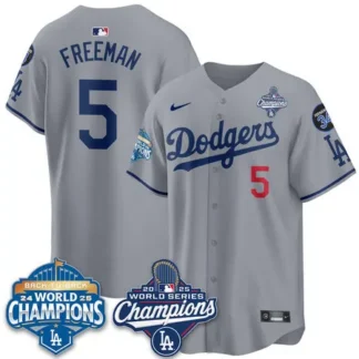 Men's Los Angeles Dodgers #5 Freddie Freeman Gray 2025 World Series Champions Jersey
