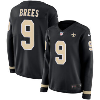 Nike New Orleans Saints #9 Drew Brees Black Team Color Women’s Stitched NFL Limited Therma Long Sleeve Jersey