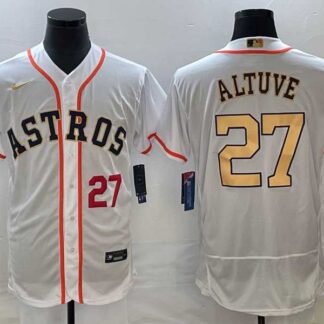 Men's Houston Astros #27 Jose Altuve Number 2023 White Gold World Serise Champions Patch Flex Base Stitched MLB Jersey